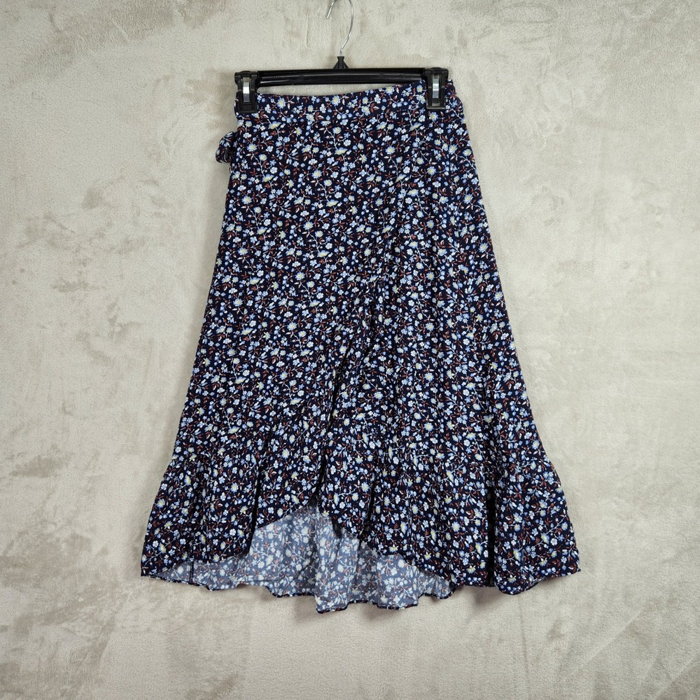 Madewell Wrap Skirt Womens 0 Navy Blue Floral Ruffle Hem Casual Summer Midi